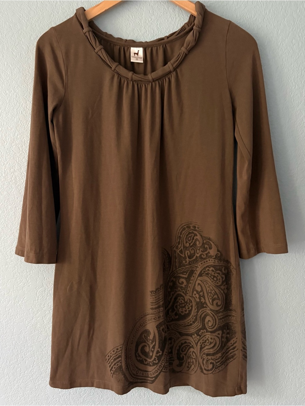 Peruvian Connection Tunic Dress Women Brown Olive Cotton 3/4" Sleeve